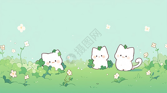 三只可爱卡通小猫在草地上玩耍图片