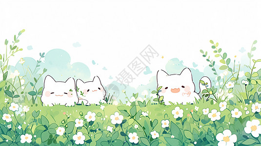 趴在草地上的三只可爱卡通小白猫图片