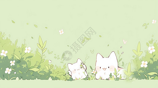 两只躲在草地中的可爱卡通小白猫图片