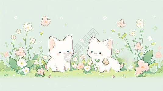 两个互相对视的可爱卡通小奶猫在草地上图片