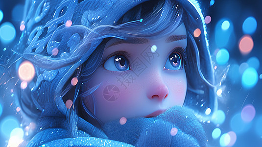 蓝色调大眼睛漂亮的卡通女孩在雪中欣赏风景图片