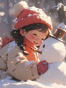 冬天大雪中开心堆雪人的卡通小女孩背景图片