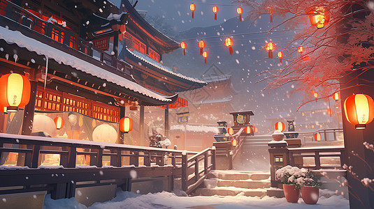 春节首页夜晚大雪挂着很多红灯笼的古风喜庆卡通建筑插画