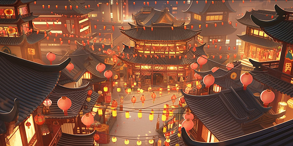 春节夜晚春节喜庆挂满红灯笼的古风卡通城市插画