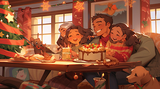 圣诞节家人一家人围在餐桌前吃晚餐开心笑插画