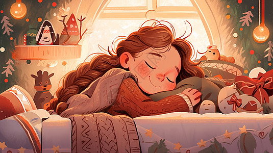 圣诞节在开心睡觉的可爱长发卡通小女孩图片