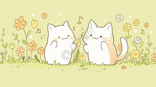 淡黄色背景两只可爱的卡通小白猫在嬉戏玩耍图片