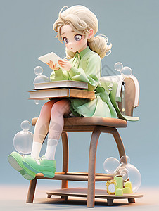 穿绿色衣服坐在椅子上认真看书的可爱卡通小女孩，图片