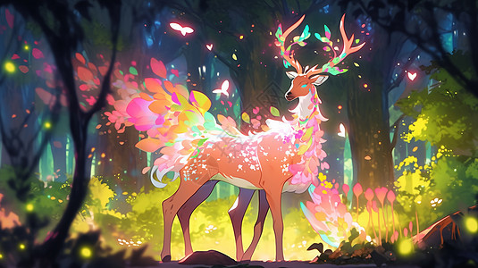 森林中梦幻发光的卡通神鹿背景图片