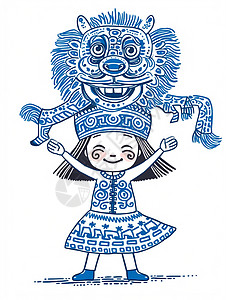 开心舞狮的可爱卡通小女孩粗线条插画图片