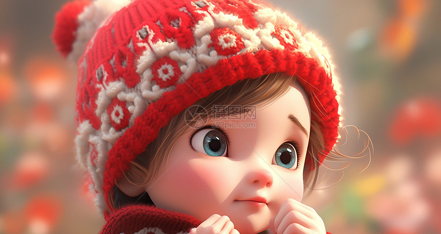 可爱的蓝色大眼镜卡通小女孩戴着红色毛线帽看向前方图片