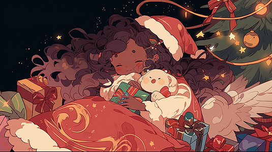 圣诞主图抱着礼物的深色皮肤长卷发可爱的卡通小女孩插画