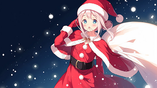 大雪中穿着圣诞服装背着大大的礼物包裹的可爱卡通小女孩背景图片