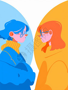 时尚的扁平风两个卡通女青年面对面图片