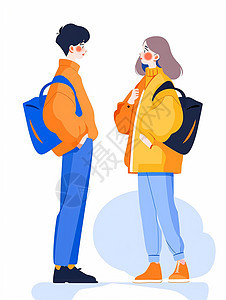 背着包时尚扁平风卡通男女青年面对面图片