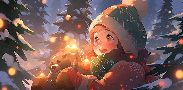雪中圣诞树下抱着礼物开心笑的卡通女孩图片