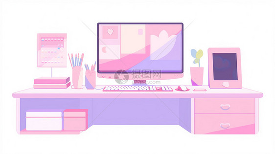 粉色调办公桌上放着一个卡通电脑图片