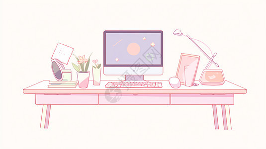 浅粉色系可爱简约的卡通电脑放在办公桌上图片