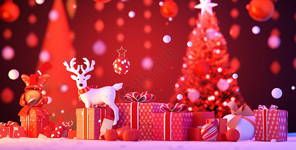 圣诞节很多漂亮的卡通礼物盒与一只白色卡通小驯鹿图片