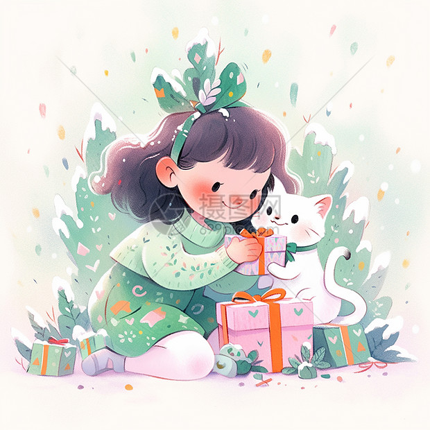 与宠物猫一起抱着圣诞礼物的卡通小女孩在微笑图片