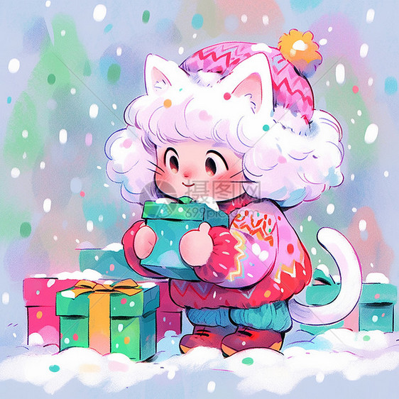 大雪中抱着圣诞礼物盒开心微笑的可爱卡通猫女孩图片