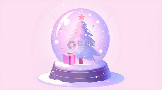 水晶球中有一棵可爱的卡通圣诞树图片