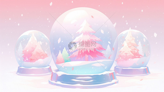 大雪中有圣诞树的卡通水晶球图片