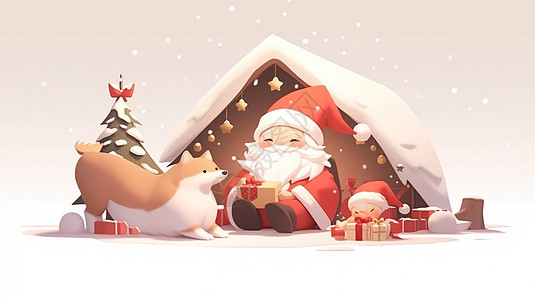 冬天大雪中坐在雪屋下开心笑的卡通圣诞老人与小狗背景图片
