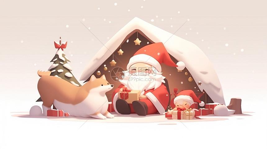 冬天大雪中坐在雪屋下开心笑的卡通圣诞老人与小狗图片