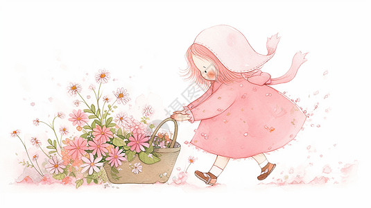 穿粉色裙子的可爱卡通小女孩准备手提花篮图片