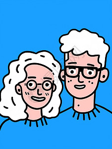 蓝色背景上卷发戴眼镜的卡通情侣头像图片