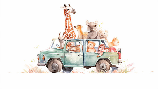水彩风卡通插画在汽车中的卡通小动物们图片