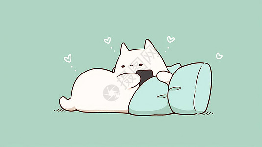 依靠在绿色枕头边的可爱大白猫在看手机图片