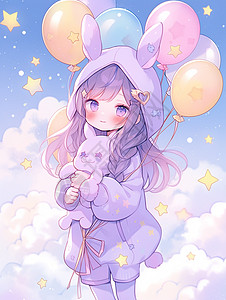 抱着小兔子穿着紫色外套的系清新可爱卡通小女孩图片