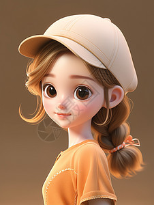 戴着米色帽子穿橙色T恤可爱小清新卡通女孩图片