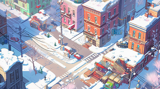 雪后整洁漂亮的卡通小镇背景图片