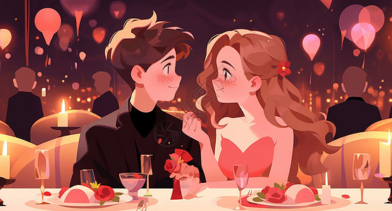 甜蜜对视的卡通情侣共进晚餐背景图片