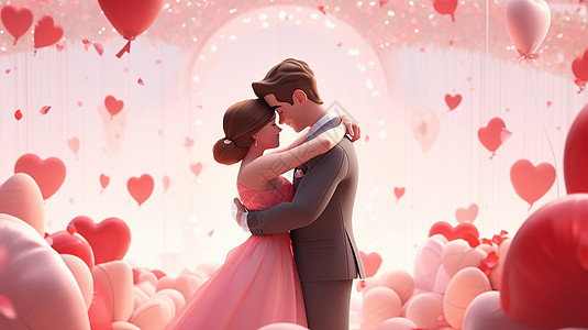 在气球中开心跳舞的甜蜜卡通情侣图片