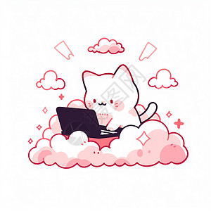 在电脑前努力干活的可爱卡通小猫图片