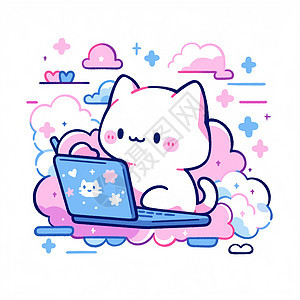 看着电脑轻松干活的可爱卡通小白猫图片