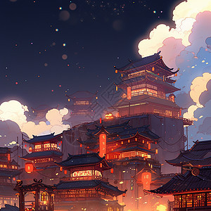 夜晚灯火通明喜庆的古风卡通多层建筑图片