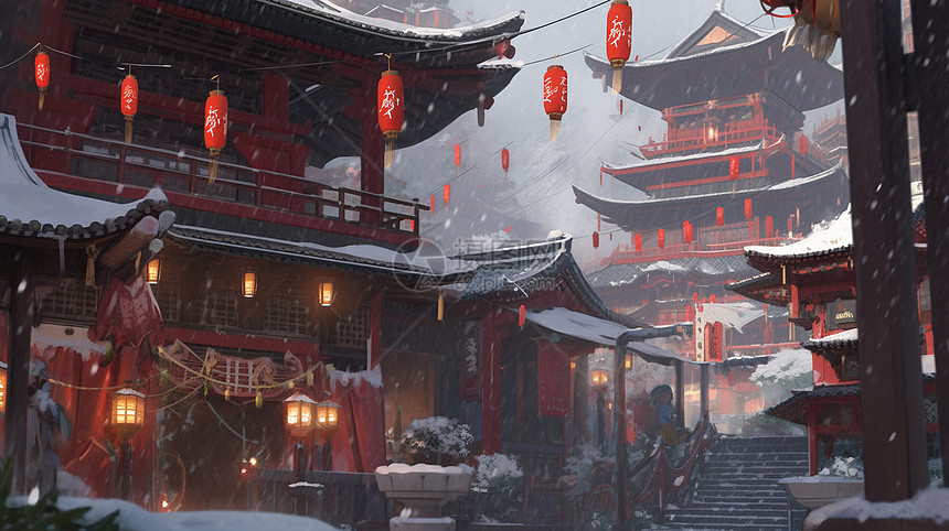 大雪中挂着喜庆红灯笼的古风卡通建筑图片