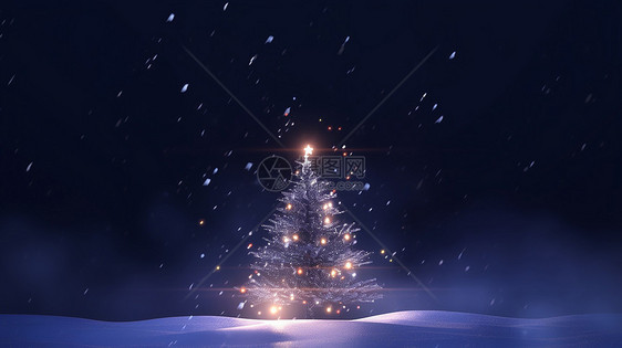 冬天夜晚有华丽灯装饰的卡通圣诞树图片