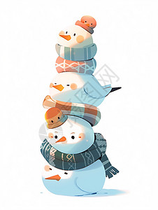 围着围巾叠罗汉的可爱卡通小雪人们图片