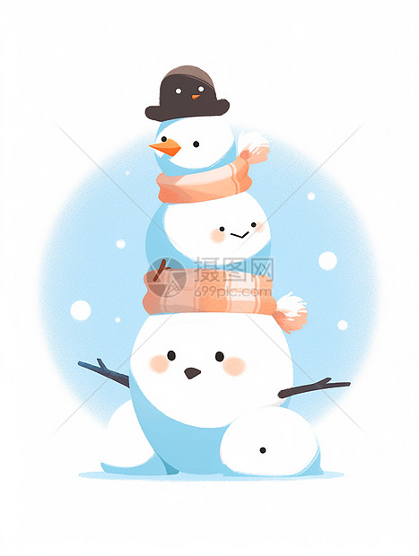 高高的可爱卡通小雪人们儿童插画图片