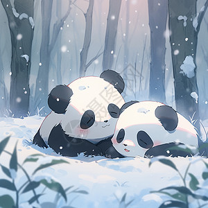 冬天雪中两只可爱的卡通大熊猫图片