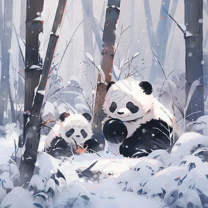 在雪地里玩耍的两只可爱的卡通大熊猫背景图片