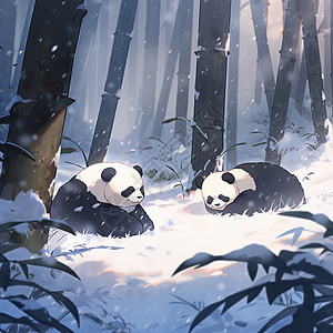 冬天在雪地里两只可爱的卡通大熊猫背景图片