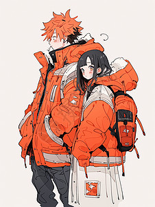 两个穿着橙色厚外套站在一起的时尚卡通男女青年图片