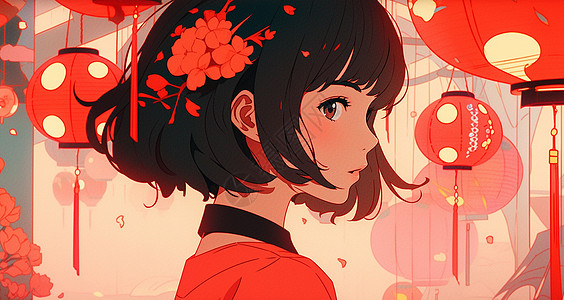 头戴红色花朵欣赏花灯的漂亮的卡通女孩背景图片